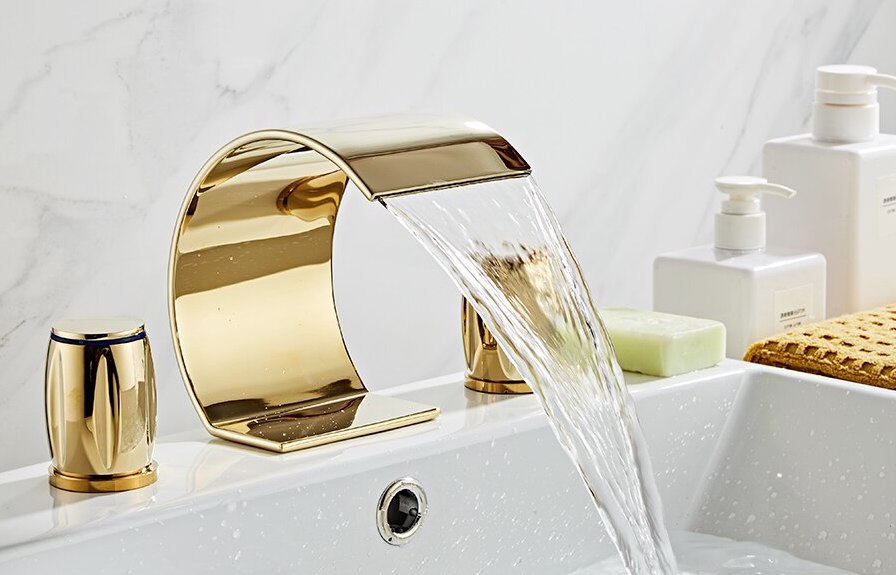 Slim Dual Handle Gold Waterfall Bathroom Faucet Gold Water Taps & Faucets