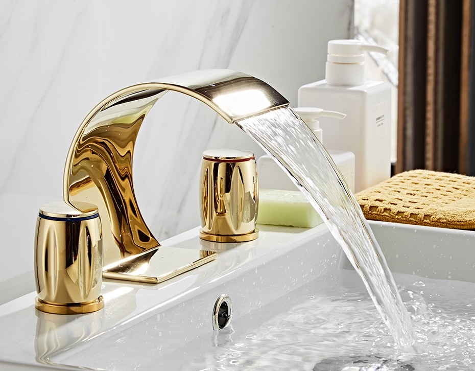 Slim Dual Handle Gold Waterfall Bathroom Faucet  -  Gold Water Taps & Faucets