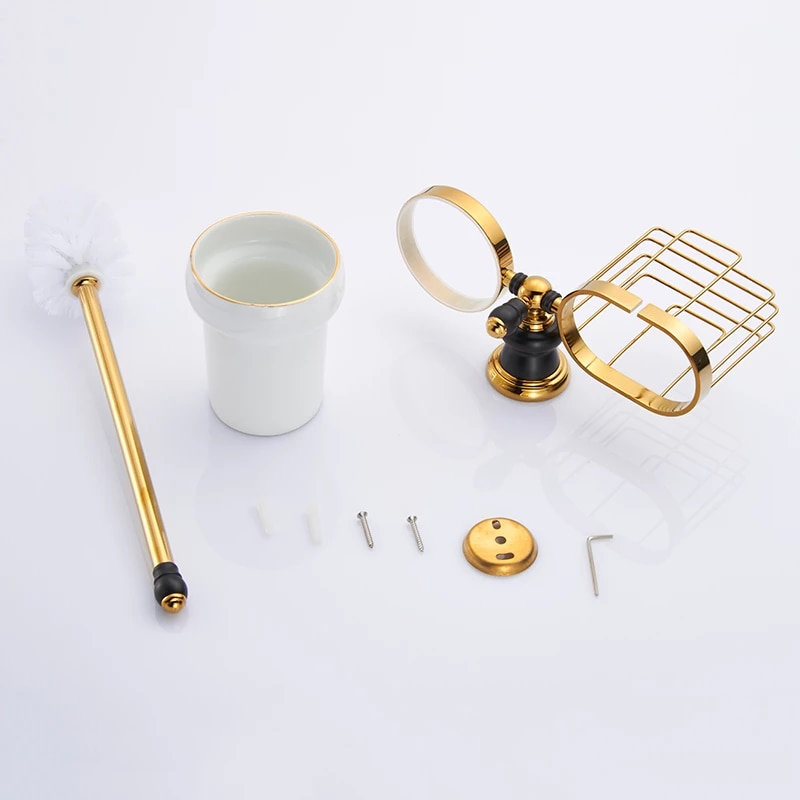Retro Black And Gold Toilet Brush & Holder Gold Bathroom Accessories