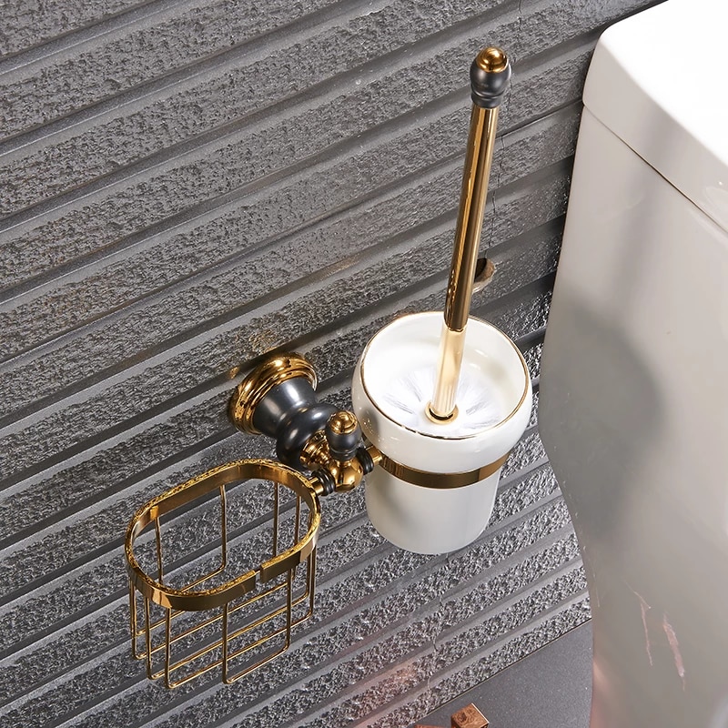 Retro Black And Gold Toilet Brush & Holder Gold Bathroom Accessories