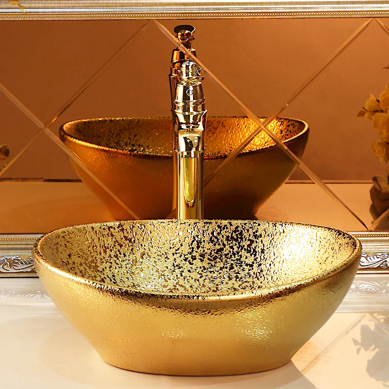 Abstract Oval Bathroom Basin With Liquid Gold Texture Royal Toiletry