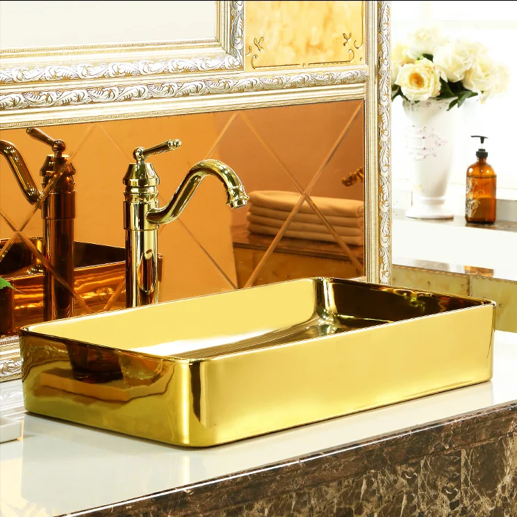 Classic Plain Gold Rectangular Bathroom Basin  -  Gold Bathroom Basins