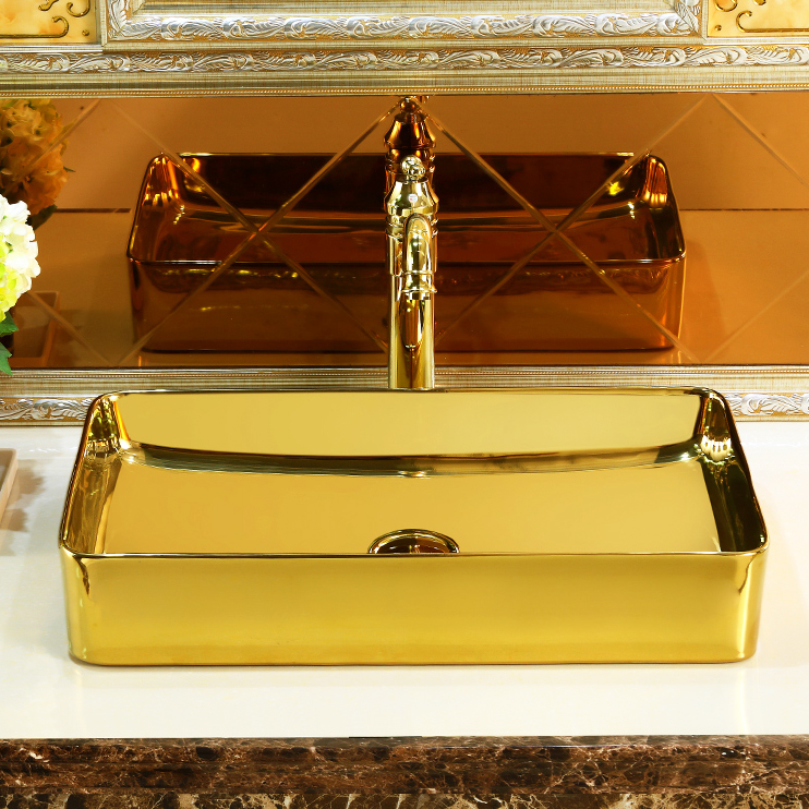 Classic Plain Gold Rectangular Bathroom Basin Gold Bathroom Basins