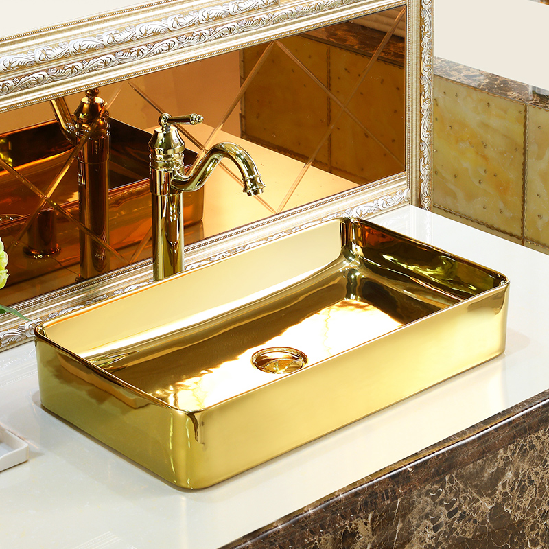 Classic Plain Gold Rectangular Bathroom Basin Gold Bathroom Basins