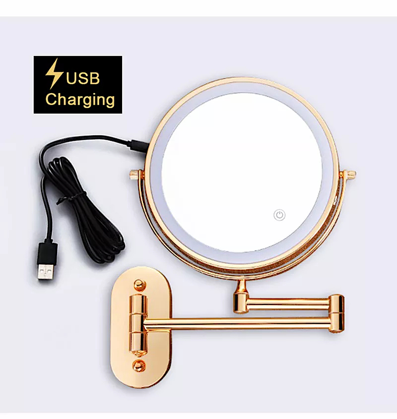 Gold Bathroom Round Foldable Mirror With Led Light Gold Bathroom Accessories
