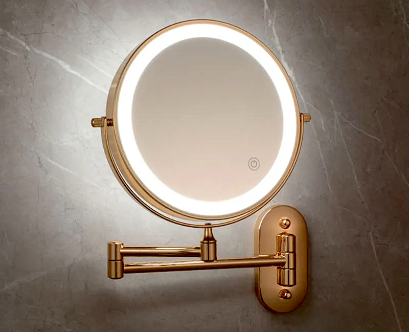Gold Bathroom Round Foldable Mirror With Led Light Gold Bathroom Accessories