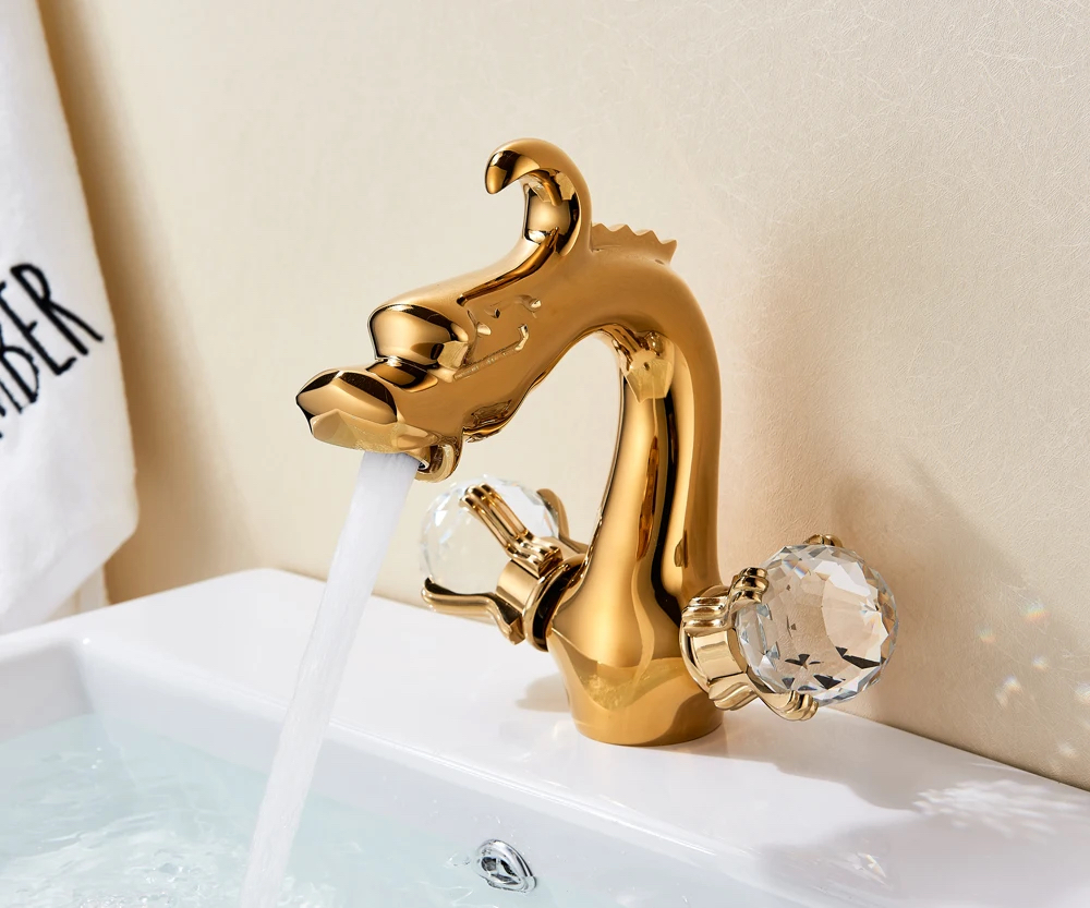 Gold Dragon Bathroom Basin Dual Handle Faucet Gold Water Taps & Faucets