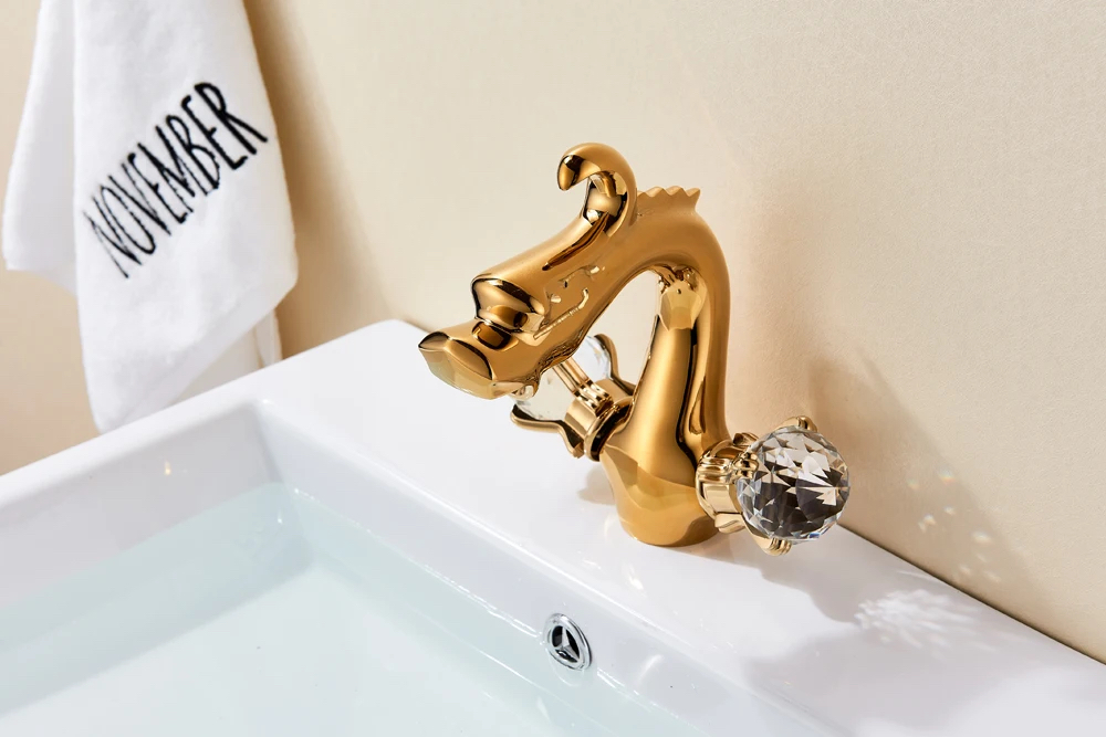 Gold Dragon Bathroom Basin Dual Handle Faucet Gold Water Taps & Faucets