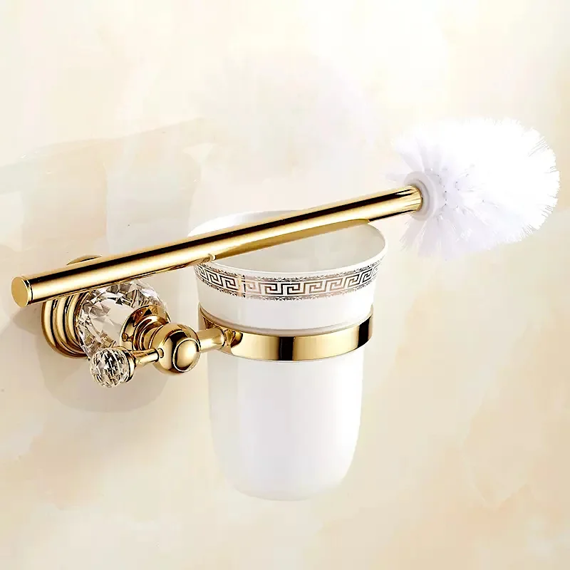 Gold Toilet Brush & Holder With Crystals  -  Gold Bathroom Accessories