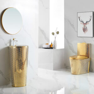Luxury bathroom with gold toilet and gold basin.