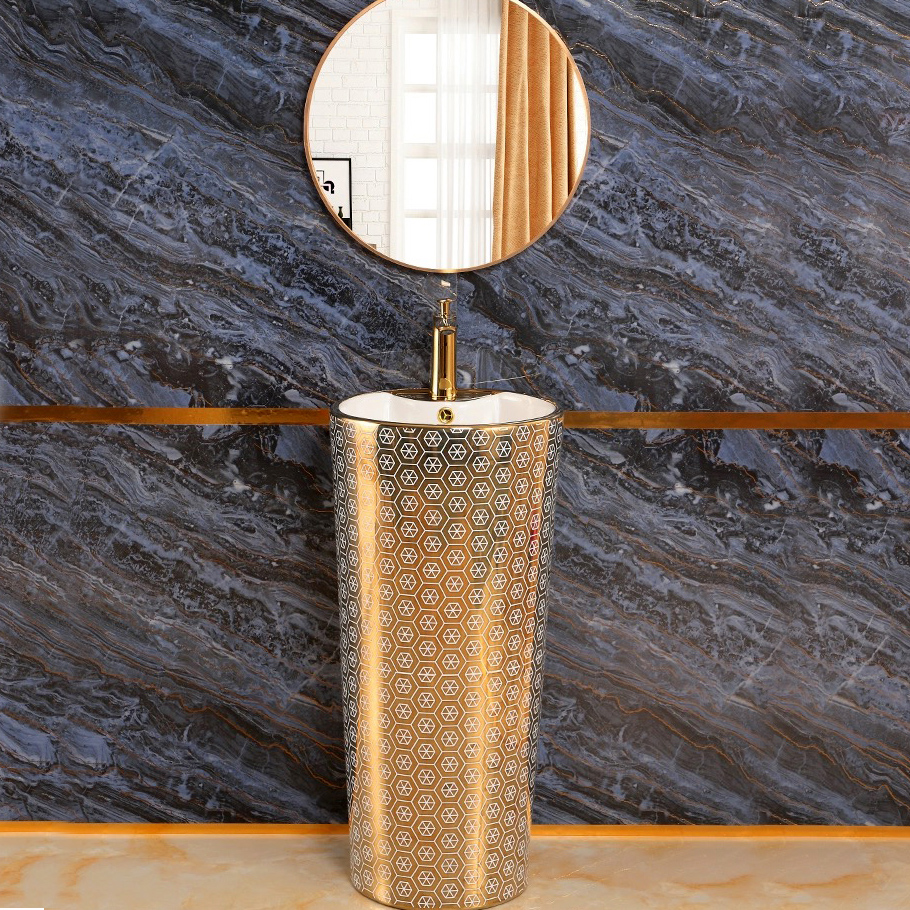 Modern Gold Pedestal Basin With Unique Hexagon Pattern  -  Gold Bathroom Basins