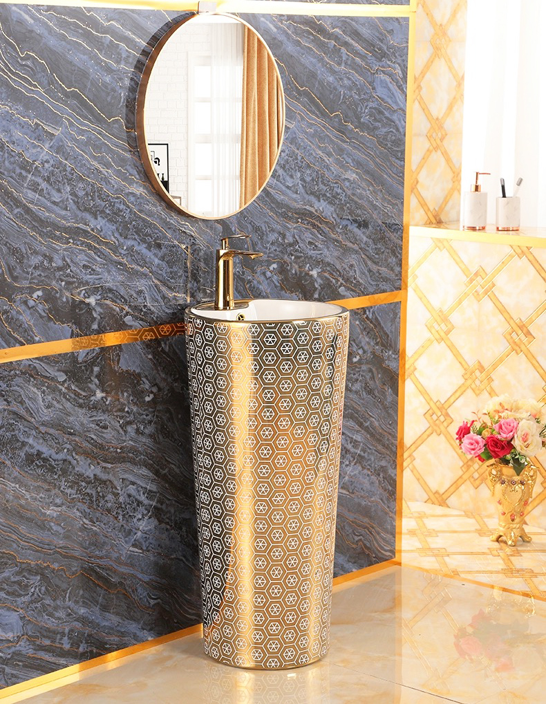 Modern Gold Pedestal Basin With Unique Hexagon Pattern  -  Gold Bathroom Basins