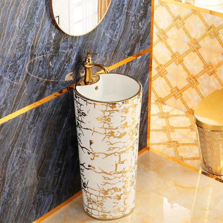 Modern White & Gold Pedestal Basin  -  Gold Bathroom Basins