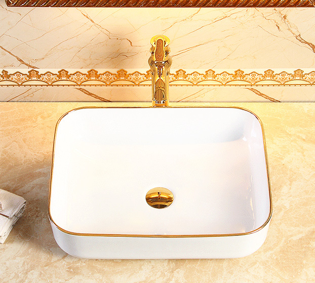 Classic Rectangular Bathroom Basin With Gold Trim  -  Gold Bathroom Basins
