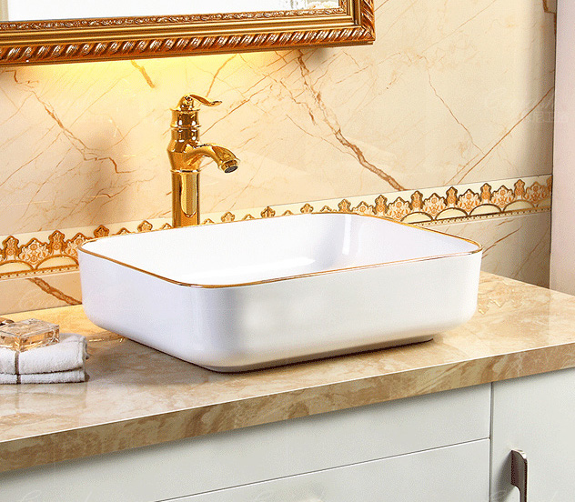 Classic Rectangular Bathroom Basin With Gold Trim  -  Gold Bathroom Basins