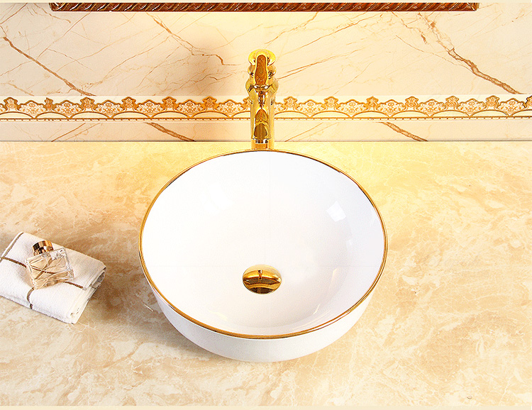 Classic Rounded Bathroom Basin With Gold Trim  -  Gold Bathroom Basins