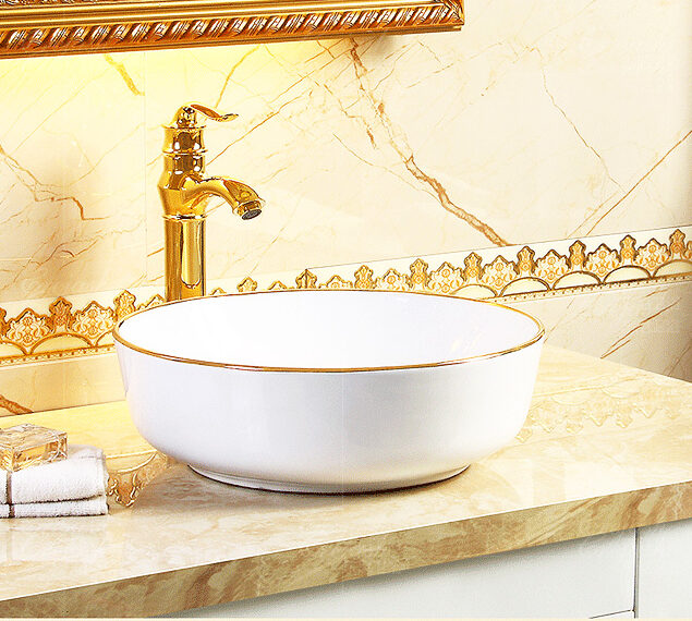Classic Rounded Bathroom Basin With Gold Trim  -  Gold Bathroom Basins