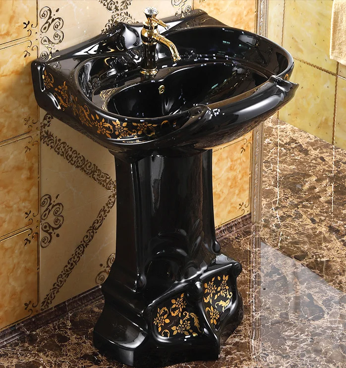 Royal Black Pedestal Basin With Gold Accents  -  Gold Bathroom Basins / Sinks