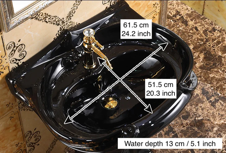 Royal Black Pedestal Basin With Gold Accents  -  Gold Bathroom Basins / Sinks