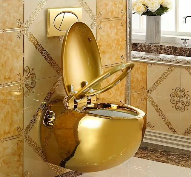 Oval Shaped Plain Gold Wall Hung Toilet - Royal Toiletry Global