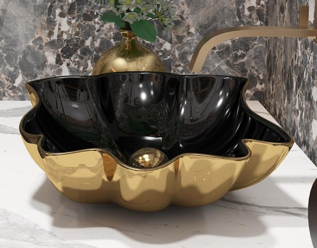 Black & Gold Seashell Bathroom Basin with Pearl Drain Royal Toiletry