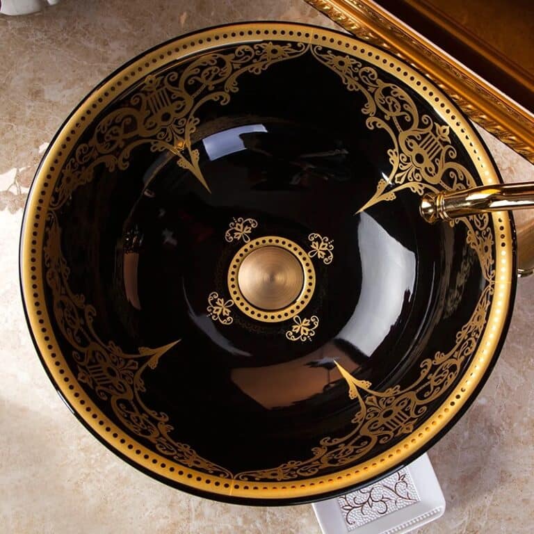 Elegant Black Bathroom Basin With Gold Ornaments Royal Toiletry Global