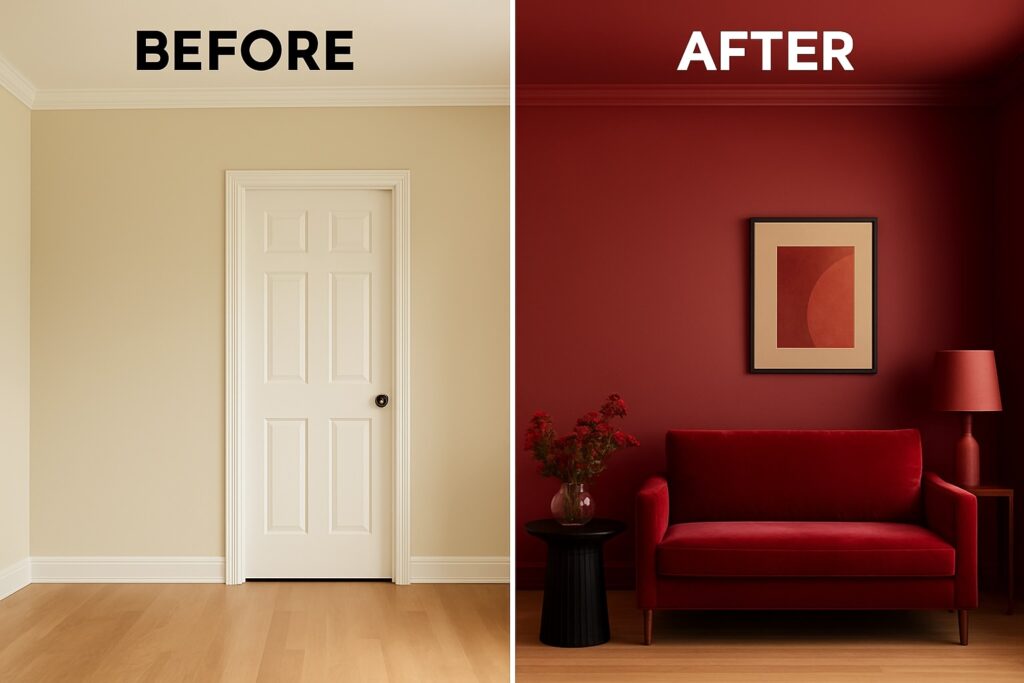 Color drenching before and after image. Before boring in lighter tones, after jazzy wine red everything
