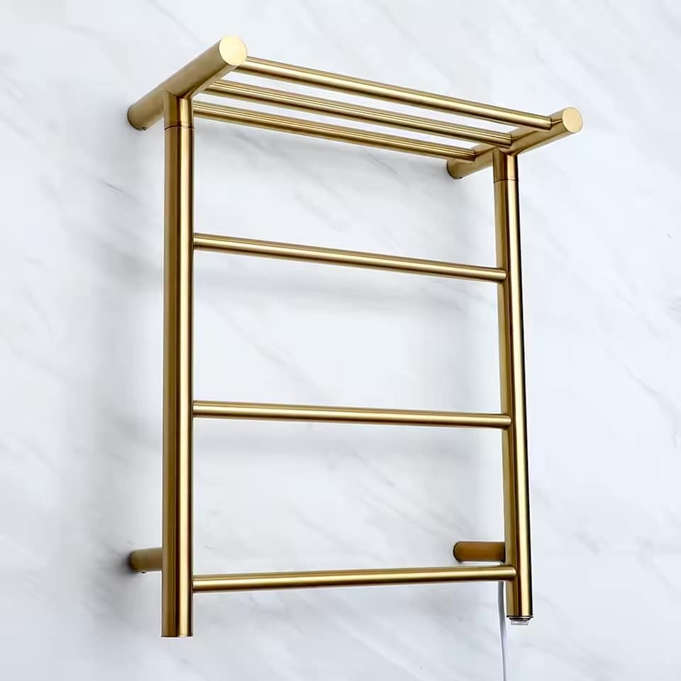 Modern Electric Gold Towel Warmer Rack With Top Shelf  -  Bathroom Accessories
