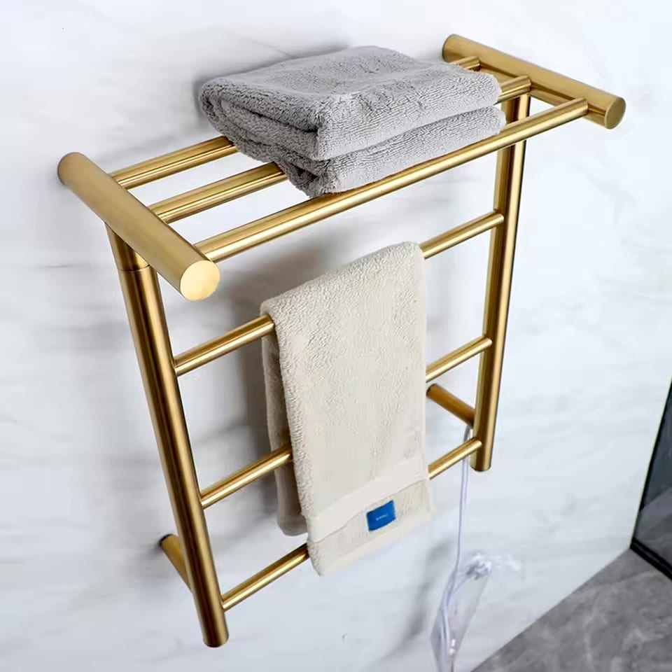 Modern Electric Gold Towel Warmer Rack With Top Shelf  -  Bathroom Accessories