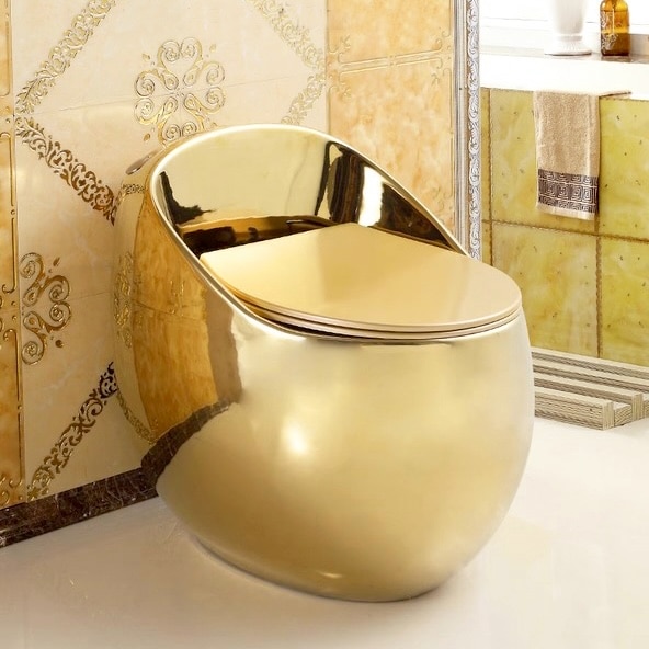 Oval Shaped Plain Gold Toilet With Ultra-Low Profile Water Tank  -  Gold Toilets