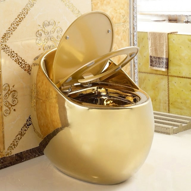 Oval Shaped Plain Gold Toilet With Ultra-Low Profile Water Tank  -  Gold Toilets