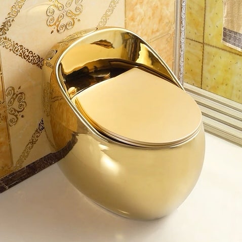 Oval Shaped Plain Gold Toilet With Ultra-Low Profile Water Tank  -  Gold Toilets