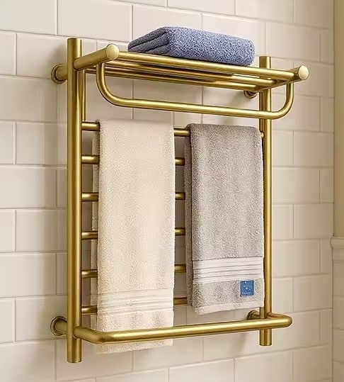 Premium Electric Heated Gold Towel Rack With Top Shelf  -  Bathroom Accessories