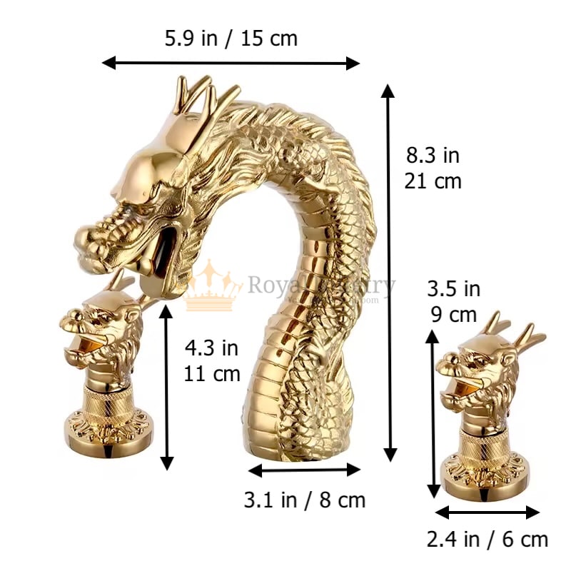 Luxury Gold Dragon Dual Handle Bathroom Faucet measurements in inches and cm