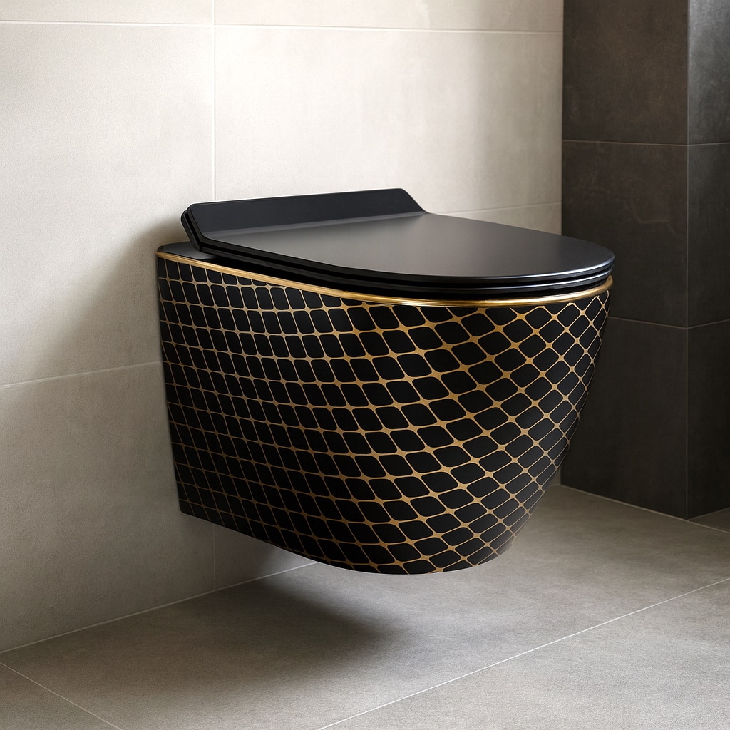 Black & Gold Toilet with Luxury Mesh Pattern  -  Black Toilets