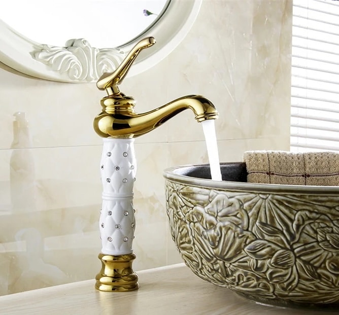Luxury Gold Bathroom Faucet with White Ceramic Body & Crystals  -  Gold Water Taps & Faucets