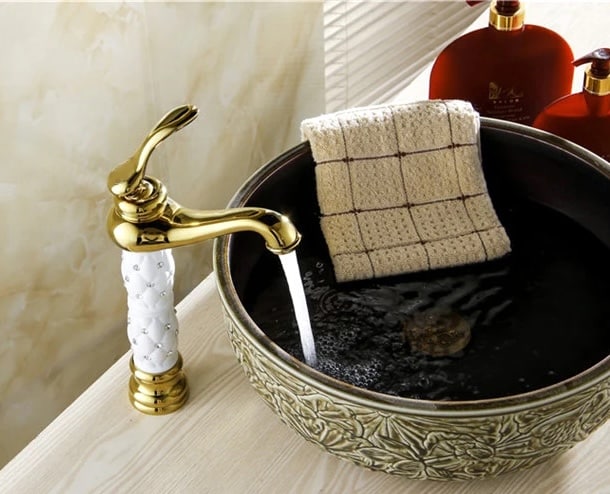 Luxury Gold Bathroom Faucet with White Ceramic Body & Crystals  -  Gold Water Taps & Faucets