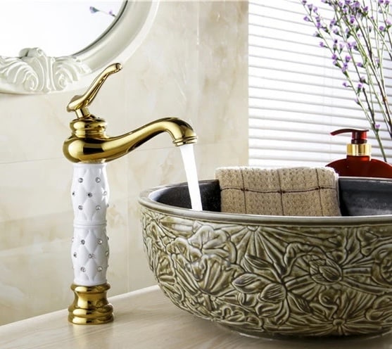 Luxury Gold Bathroom Faucet with White Ceramic Body & Crystals  -  Gold Water Taps & Faucets