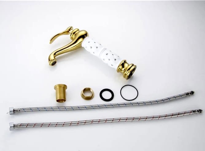 Luxury Gold Bathroom Faucet with White Ceramic Body & Crystals  -  Gold Water Taps & Faucets