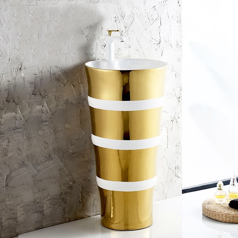 Luxury Gold Freestanding Basin with White Accent Stripes  -  Gold Bathroom Basins / Sinks