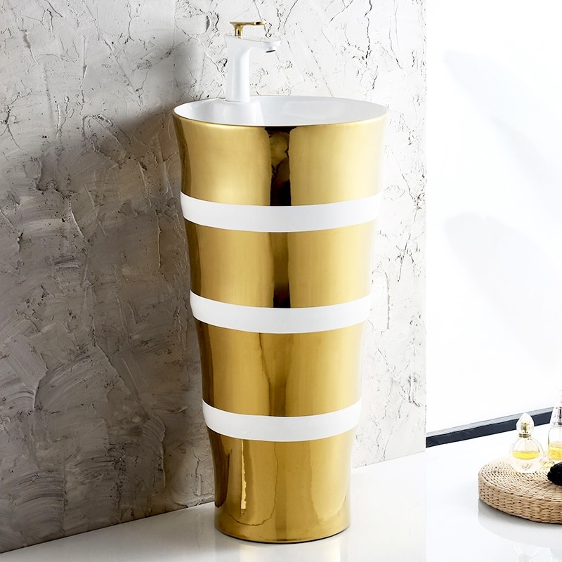 Luxury Gold Freestanding Basin with White Accent Stripes  -  Gold Bathroom Basins / Sinks