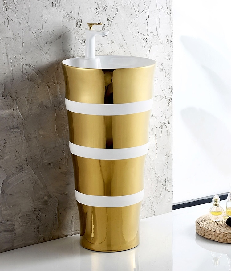 Luxury Gold Freestanding Basin with White Accent Stripes  -  Gold Bathroom Basins / Sinks