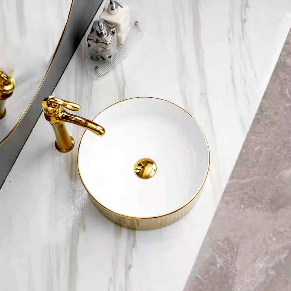 Luxury Round Gold & White Ceramic Countertop Basin  -  Gold Bathroom Basins / Sinks