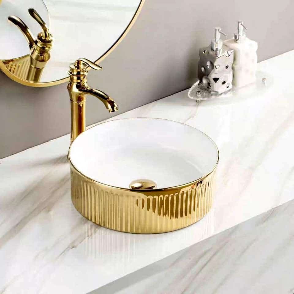 Luxury Round Gold & White Ceramic Countertop Basin  -  Gold Bathroom Basins / Sinks