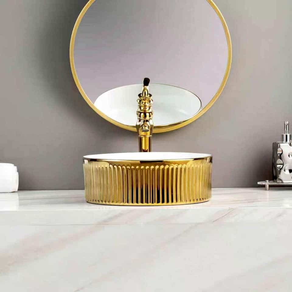 Luxury Round Gold & White Ceramic Countertop Basin  -  Gold Bathroom Basins / Sinks