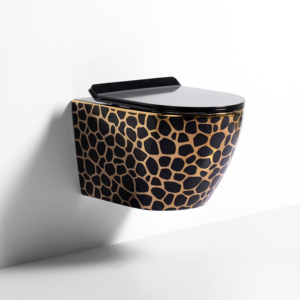 Luxury Seraphina Mosaic Black & Gold Wall-Mounted Toilet  -  Black Toilets