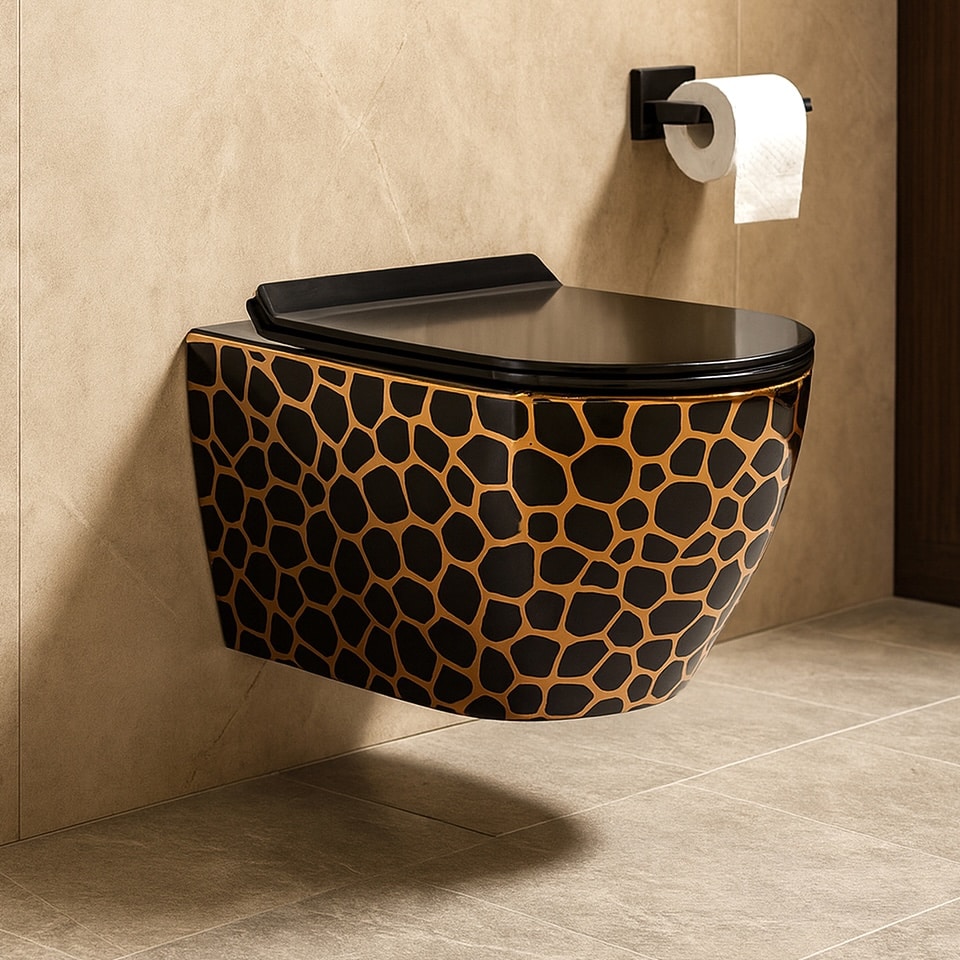 Luxury Seraphina Mosaic Black & Gold Wall-Mounted Toilet  -  Black Toilets