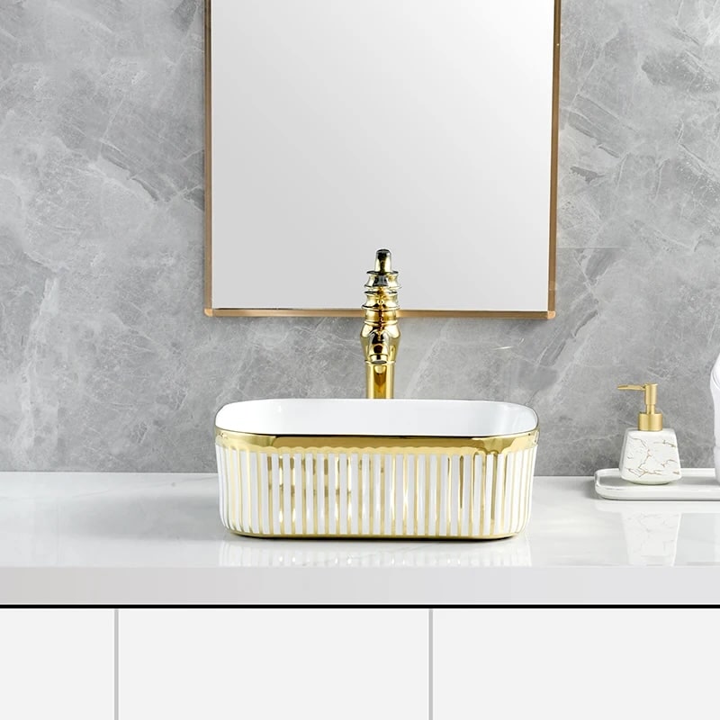 Luxury White & Gold Rectangular Ceramic Countertop Basin  -  Gold Bathroom Basins / Sinks