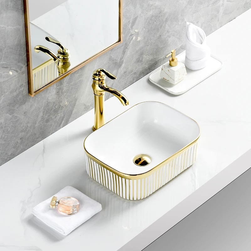 Luxury White & Gold Rectangular Ceramic Countertop Basin  -  Gold Bathroom Basins / Sinks