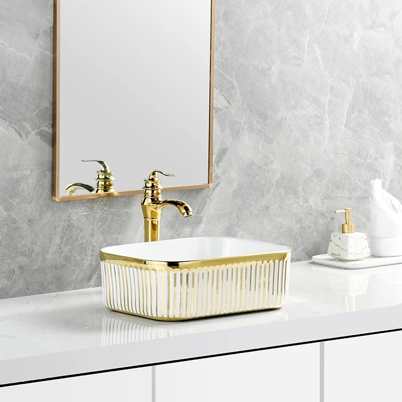 Luxury White & Gold Rectangular Ceramic Countertop Basin  -  Gold Bathroom Basins / Sinks